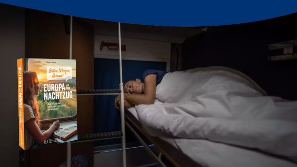 Frau im Nachtzug liegend, neben ihr ist das zu gewinnende Buch
