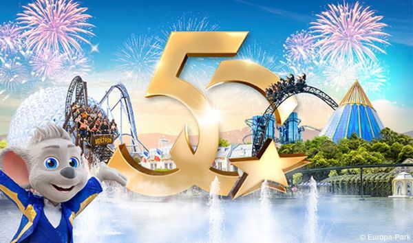 Europa-Park Ed Maus mit Achterbahn und 50 Jahre Logo