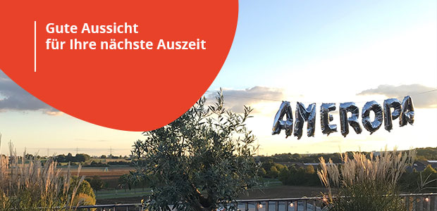 Ameropa Büro Aussicht von der Dachterrasse inklusive Buchstabenluftballons die das Wort Ameropa ergeben mit Aussicht auf Felder in Bad Homburg